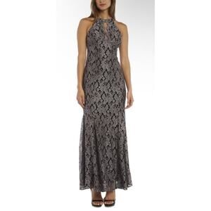 Nightway Keyhole Neck Sleeveless Scalloped Black Shimmery Lace Formal Gown, 4